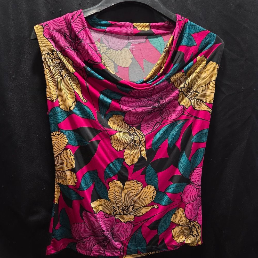 Worthington  Boho Workwear Chic Floral Cowl Neck Sleeveless Top Sz L Vibrant